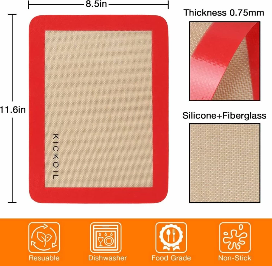 KICKOIL Non-Stick Silicone Baking Mats - Set of 3 Reusable Quarter Sheet Oven Liners (11.6''x8.5'') BPA-Free for Cookies, Macarons, Bread & Pastry