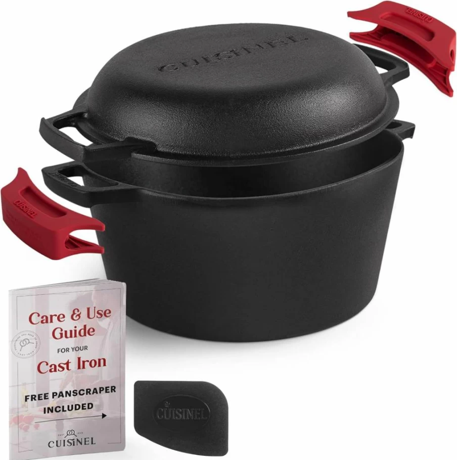 Cuisinel 3-Qt Cast Iron Dutch Oven & Skillet - 2-in-1 Pre-Seasoned Cookware with Lid for Baking, Frying, Grilling - Works on Stovetop, Induction, Oven & Outdoor