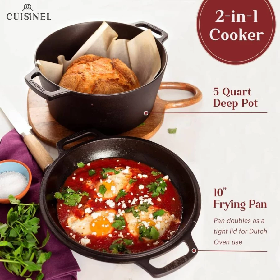 Cuisinel 3-Qt Cast Iron Dutch Oven & Skillet - 2-in-1 Pre-Seasoned Cookware with Lid for Baking, Frying, Grilling - Works on Stovetop, Induction, Oven & Outdoor