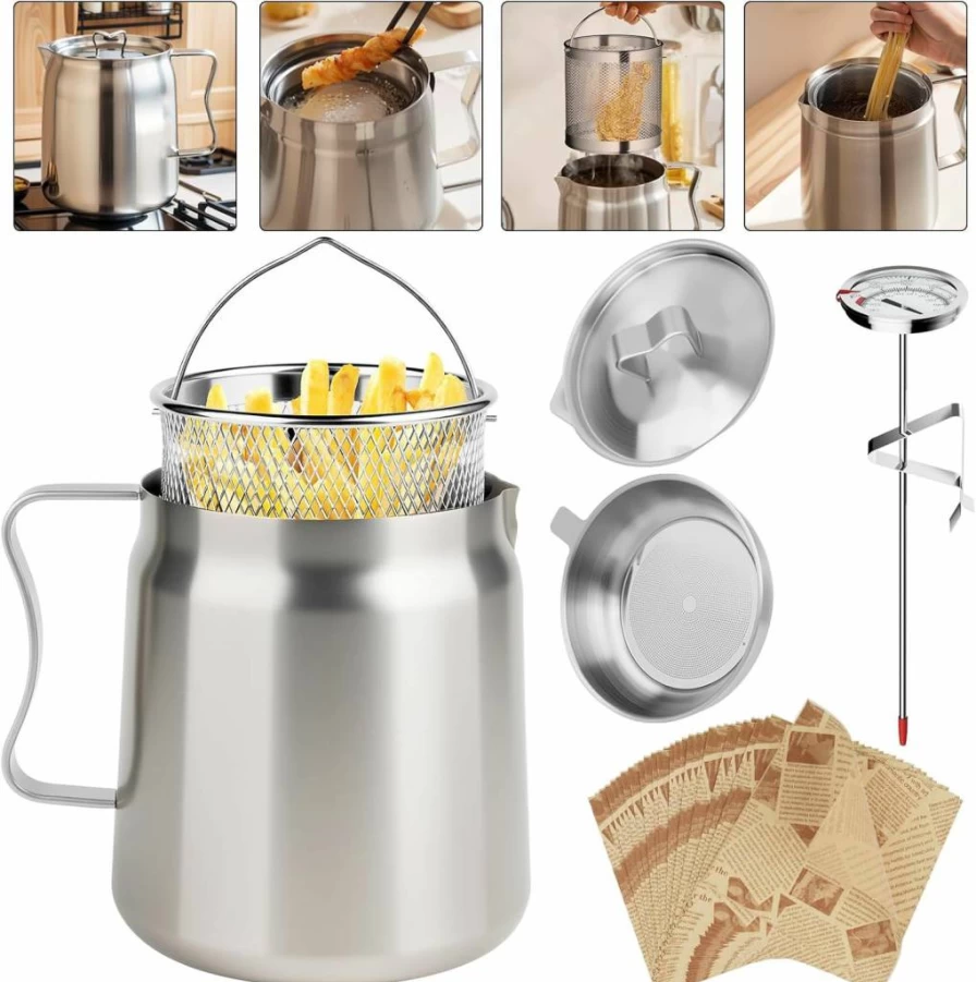 SINYWAY 2L Stainless Steel Oil Filter Pot with Strainer, 68Oz Frying Basket, Cooking Thermometer & 50 Wax Papers, Bacon Grease Saver Container for Kitchen and Camping