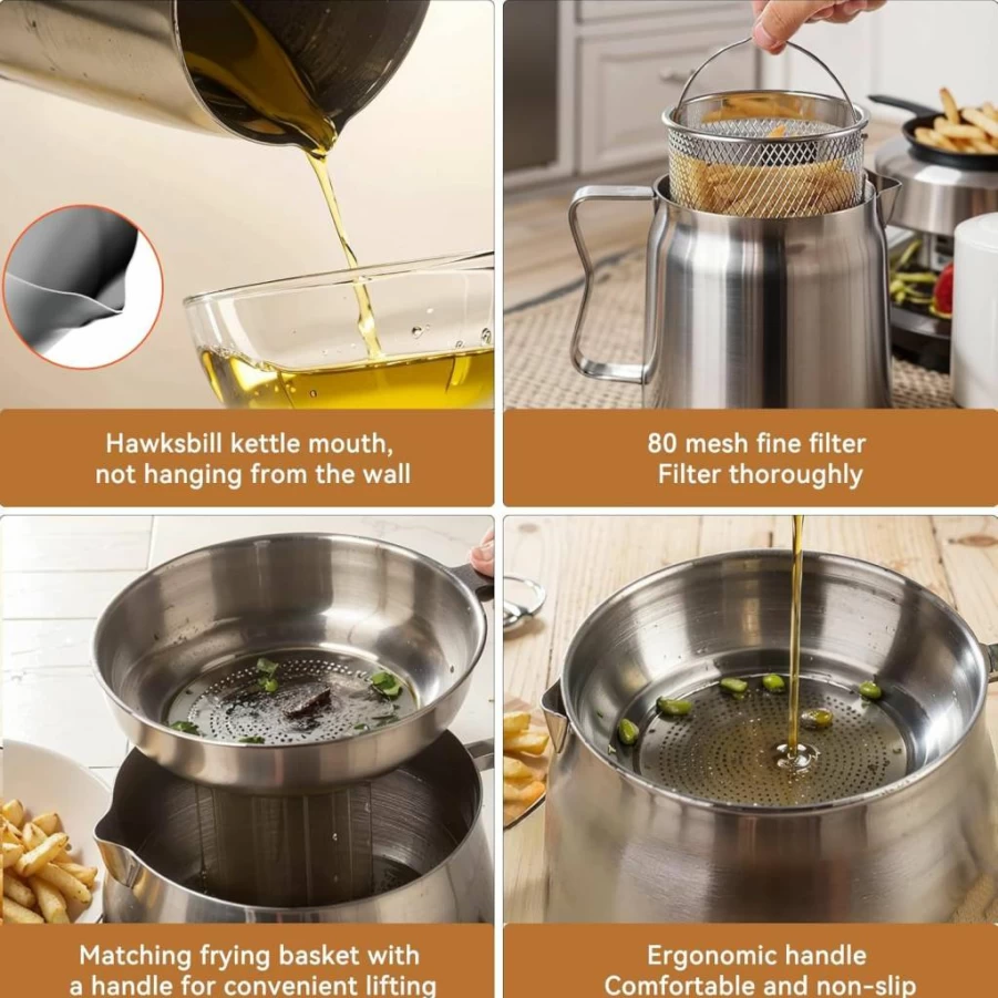 SINYWAY 2L Stainless Steel Oil Filter Pot with Strainer, 68Oz Frying Basket, Cooking Thermometer & 50 Wax Papers, Bacon Grease Saver Container for Kitchen and Camping