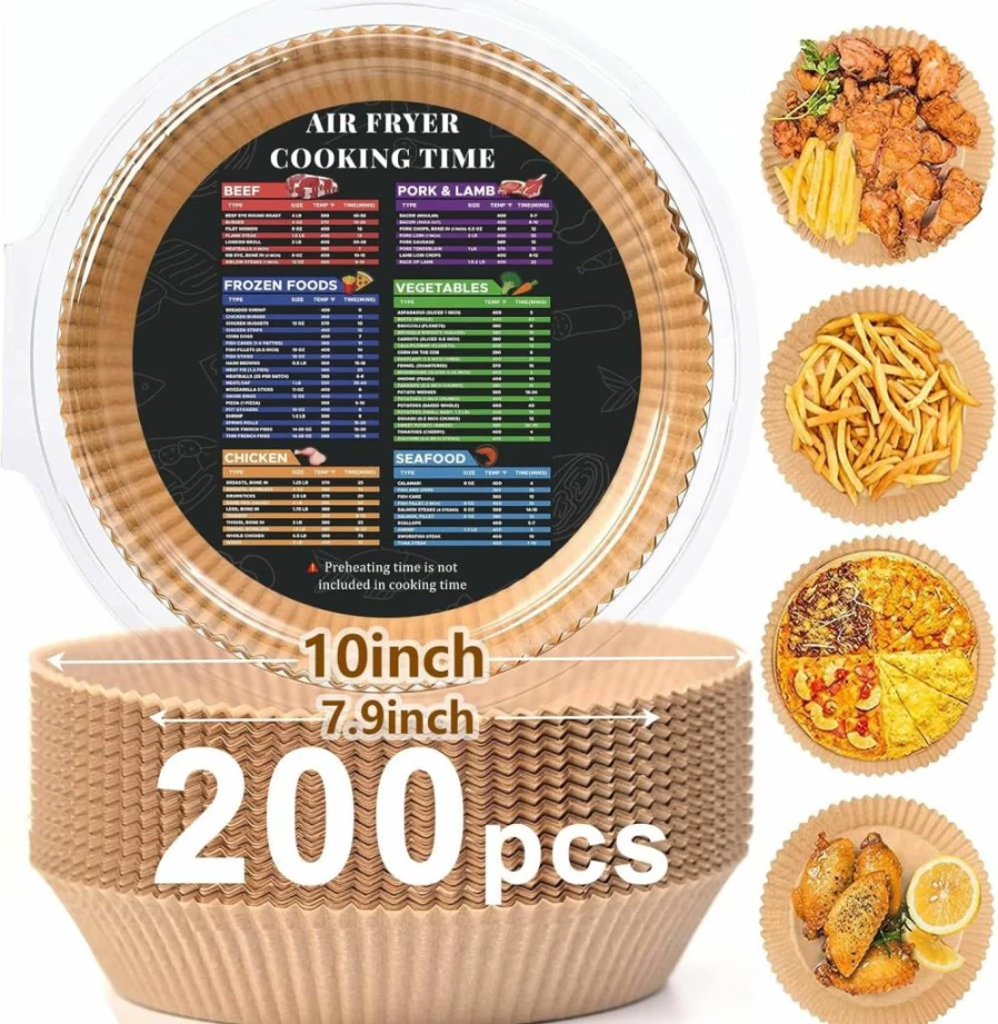 Adhjito 200Pcs 7.9 Inch Air Fryer Liners Disposable, Non-Stick Parchment Paper for 5-8 Qt Air Fryers, Oilproof & Waterproof Baking Sheets, Food Grade Round Airfryer Liners (Includes 10 Inch Liners)