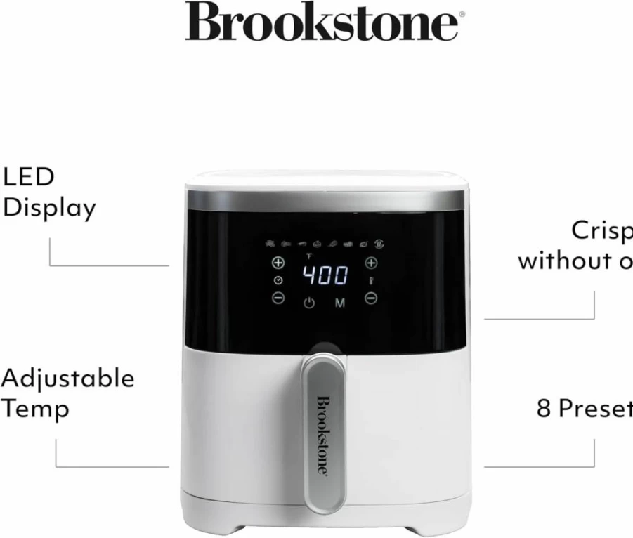 Brookstone 4.5 Qt Air Fryer with LED Display, 8 Presets, Adjustable Temperature, 1300W for Oil-Free Baking, Roasting & Frying, Healthy Crispy Meals, Black