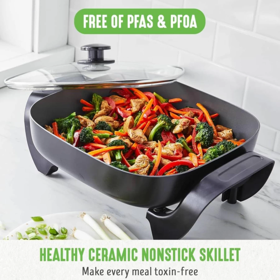 GreenLife 12 Inch 5 Quart Square Electric Skillet with Glass Lid, Ceramic Nonstick Coating, Adjustable Temp, Cool-Touch Handles, Even Heating, Scratch Resistant, Turquoise - PFAS-Free