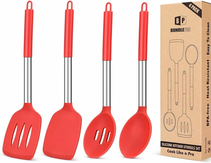 BUNDLEPRO 4-Piece Silicone Cooking Utensils Set - Non-Stick, Heat-Resistant Spatula, Slotted Spoon, Turner for Frying, Mixing, Serving (BPA-Free, Black)