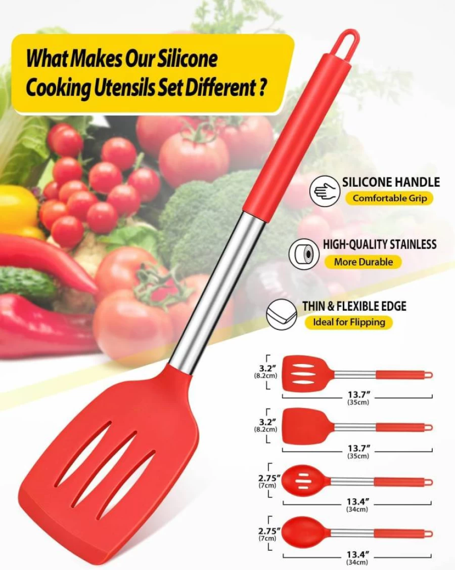 BUNDLEPRO 4-Piece Silicone Cooking Utensils Set - Non-Stick, Heat-Resistant Spatula, Slotted Spoon, Turner for Frying, Mixing, Serving (BPA-Free, Black)