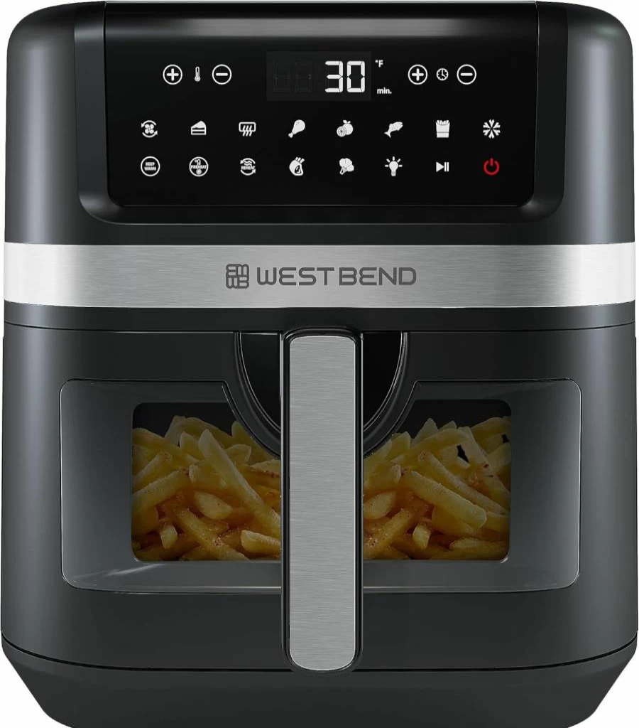 West Bend 5-Quart Digital Air Fryer with LCD Display, 10 Presets, Shake Reminder & Nonstick Basket, 1500W, Black