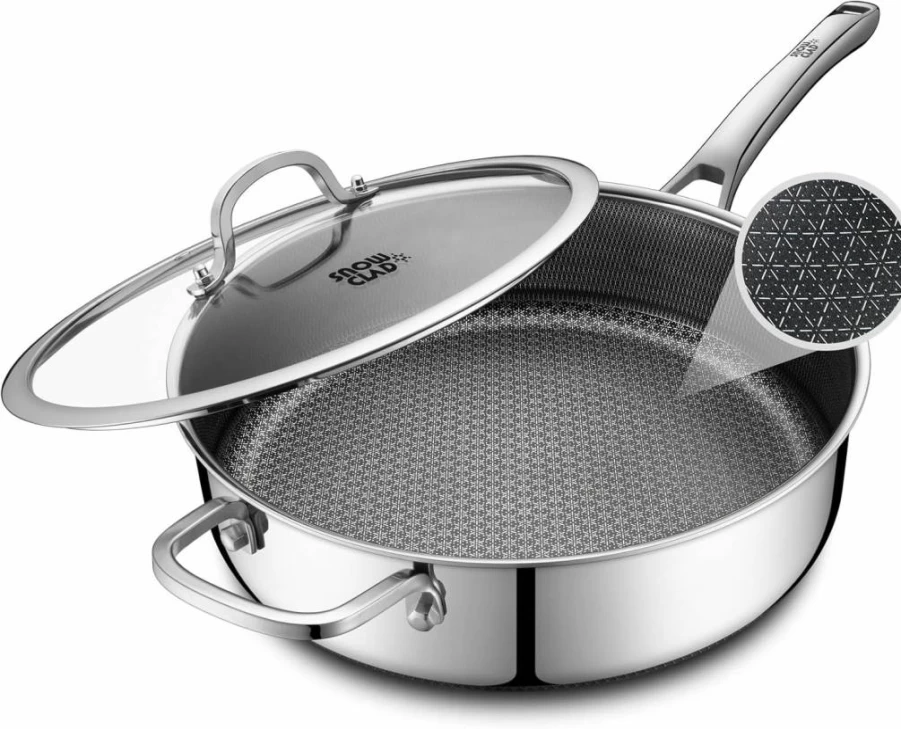 SNOWCLAD 12 Inch Nonstick Frying Pan with Lid, 5 Quart PFOA-Free Saute Pan, Dishwasher & Oven Safe, Compatible with All Cooktops, Stainless Steel Cookware