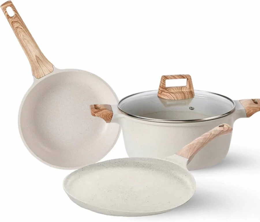 UMETRE 10-Piece White Nonstick Cookware Set, PFOS & PFOA Free Induction Pots and Pans with Stay-Cool Handles, Includes Frying Pans, Saucepan & Crepe Pan for Kitchen Cooking