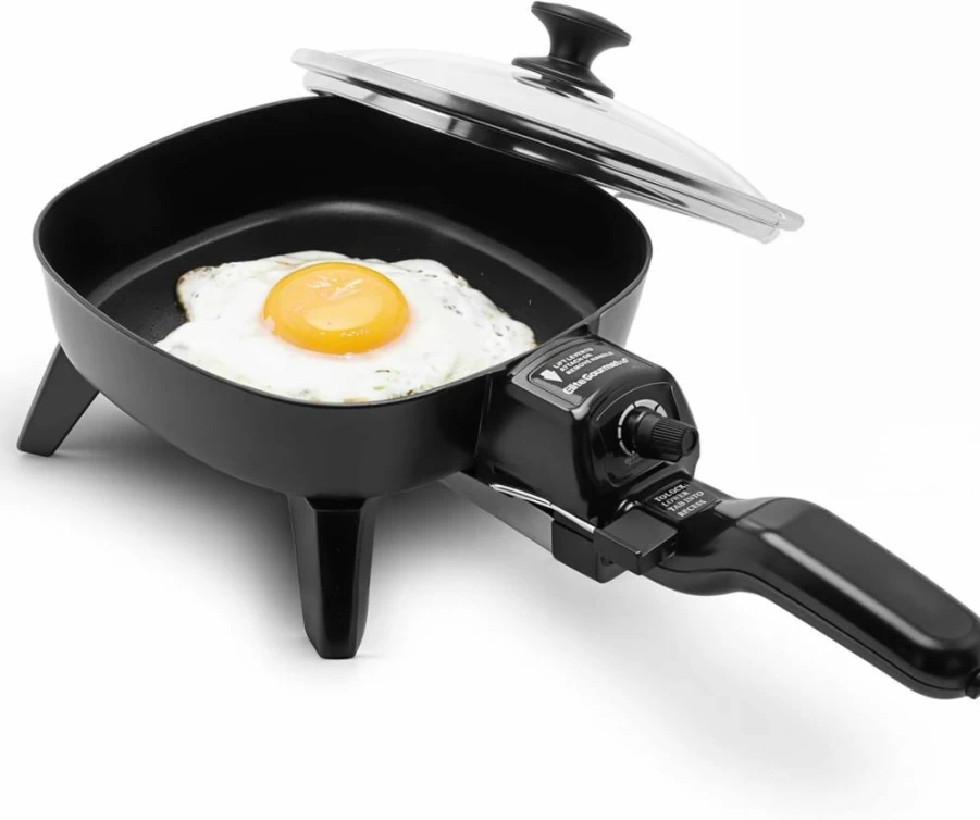 Elite Gourmet EFS-400 Electric Skillet, 600W Non-Stick Stir Fry Pan with Tempered Glass Lid, Rapid Heat Up, Black