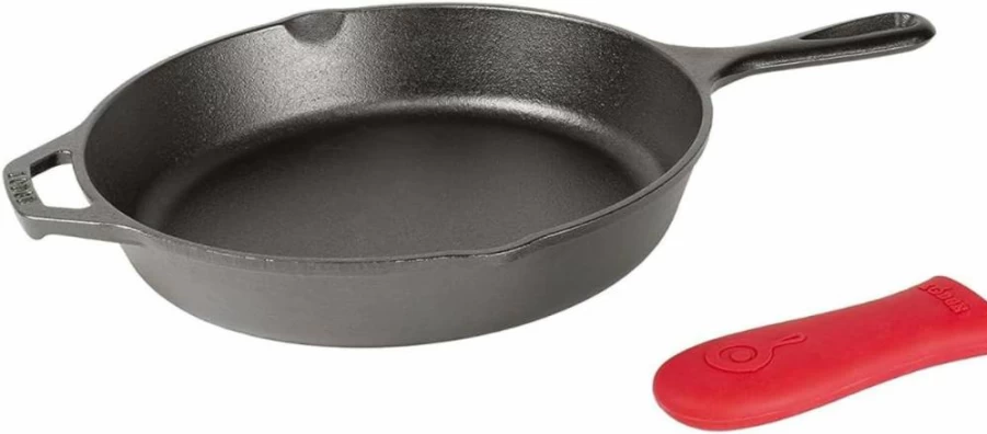 Lodge 12 Inch Pre-Seasoned Cast Iron Skillet - Nonstick, Oven Safe, Grill & Campfire Compatible with Red Silicone Handle Holder - Made in USA, Durable Cookware for Stove & Outdoor Cooking