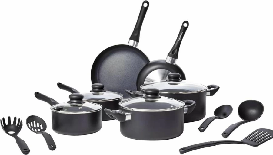 Amazon Basics 8-Piece Non Stick Cookware Set, Pots and Pans Kitchen Set, Black Coating, Oven Safe (Non-Induction Compatible)