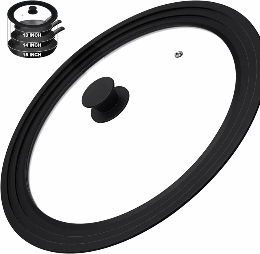 15 Inch Universal Pan Lid by LKEAKICN - Heat Resistant Silicone & Tempered Glass Cover for 13-15 Inch Pots, Pans, Frying Pans