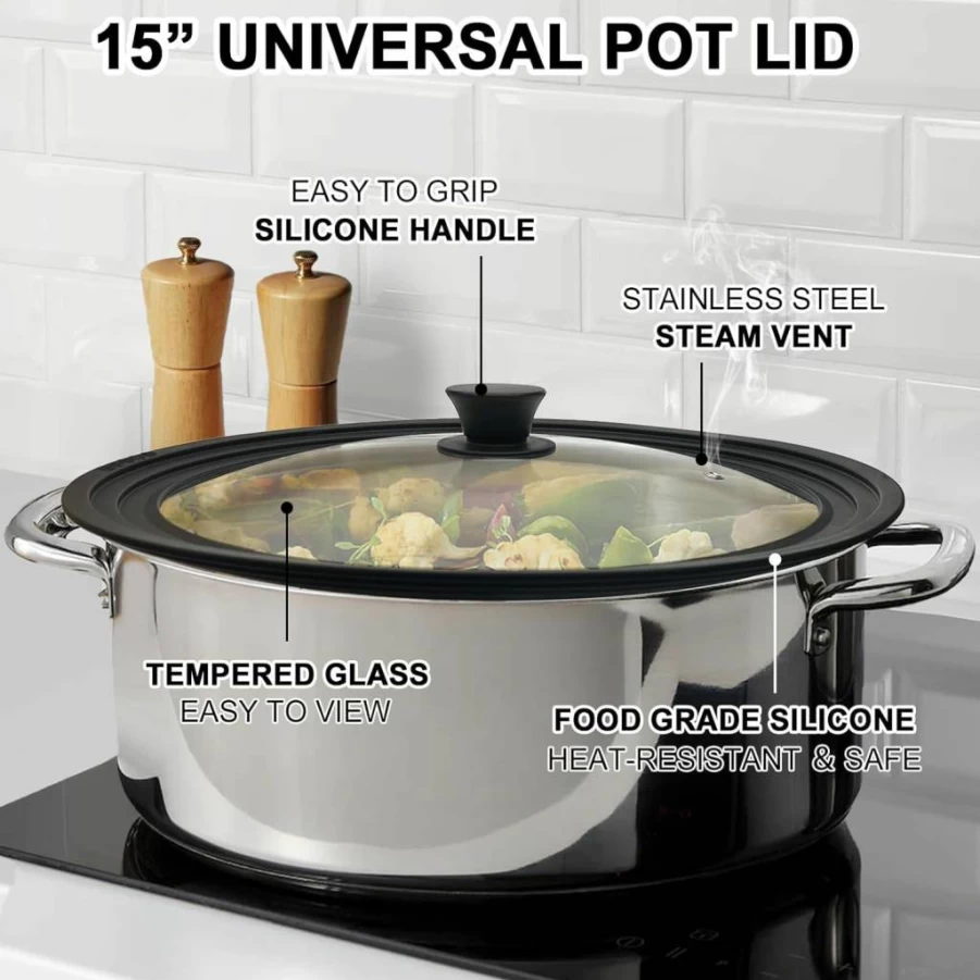15 Inch Universal Pan Lid by LKEAKICN - Heat Resistant Silicone & Tempered Glass Cover for 13-15 Inch Pots, Pans, Frying Pans