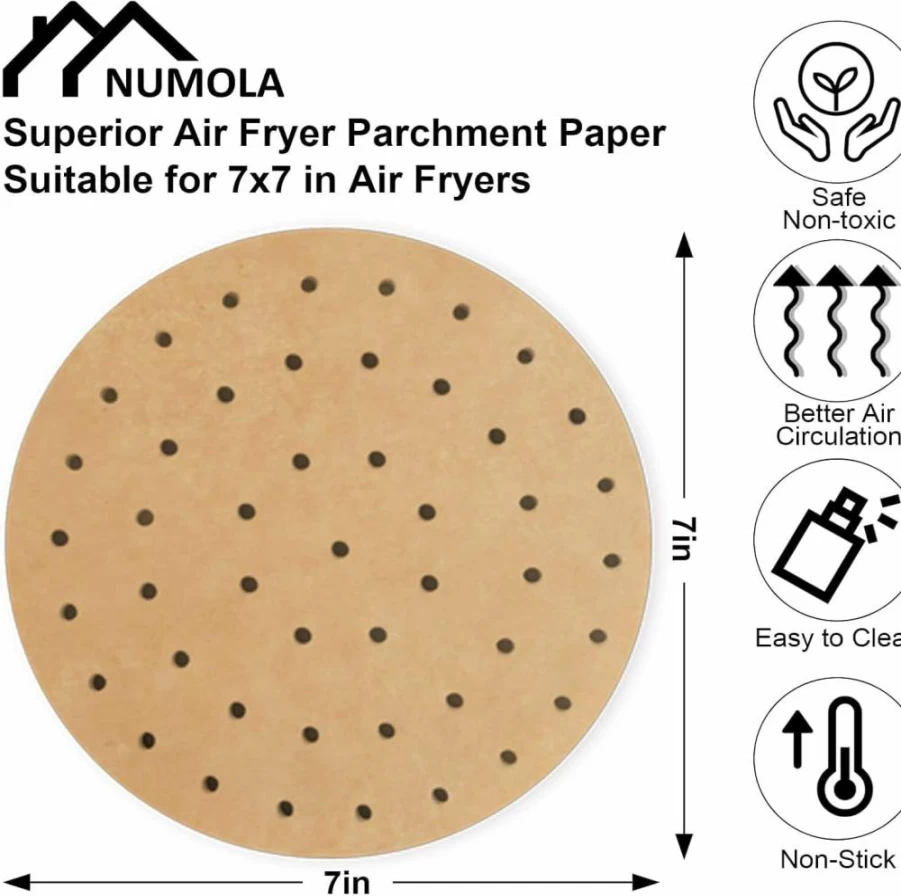 Numola 100-Pack 8-Inch Air Fryer Parchment Paper Liners, Non-Stick Unbleached Baking Sheets for 3.4-7Qt Air Fryers, Microwave & Steaming Baskets, Disposable & Safe
