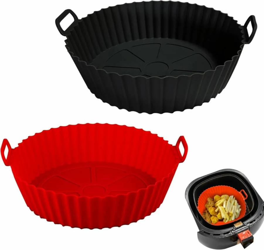 BOMSI Reusable Silicone Air Fryer Liners & Baking Trays - 3 to 5 Qt Compatible, Non-Stick Oven Accessories (Red & Black Set)