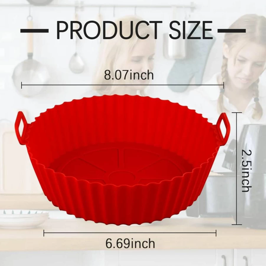 BOMSI Reusable Silicone Air Fryer Liners & Baking Trays - 3 to 5 Qt Compatible, Non-Stick Oven Accessories (Red & Black Set)