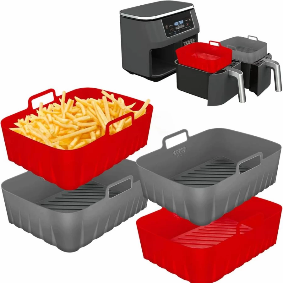 Golden Associate 2-Pack Silicone Air Fryer Liners for Ninja Dual Basket (DZ201, DZ401, DZ550) - Food Grade Reusable Baking Trays Fits 8-10 QT Double Zone Air Fryers, 4-5 QT Each Basket