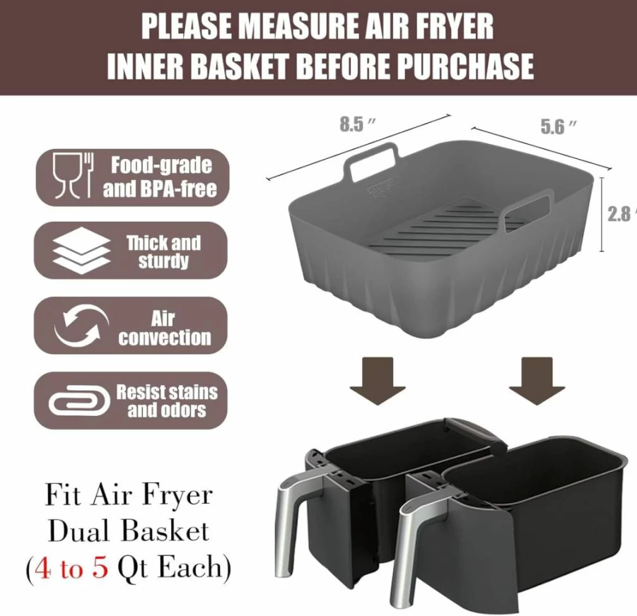 Golden Associate 2-Pack Silicone Air Fryer Liners for Ninja Dual Basket (DZ201, DZ401, DZ550) - Food Grade Reusable Baking Trays Fits 8-10 QT Double Zone Air Fryers, 4-5 QT Each Basket