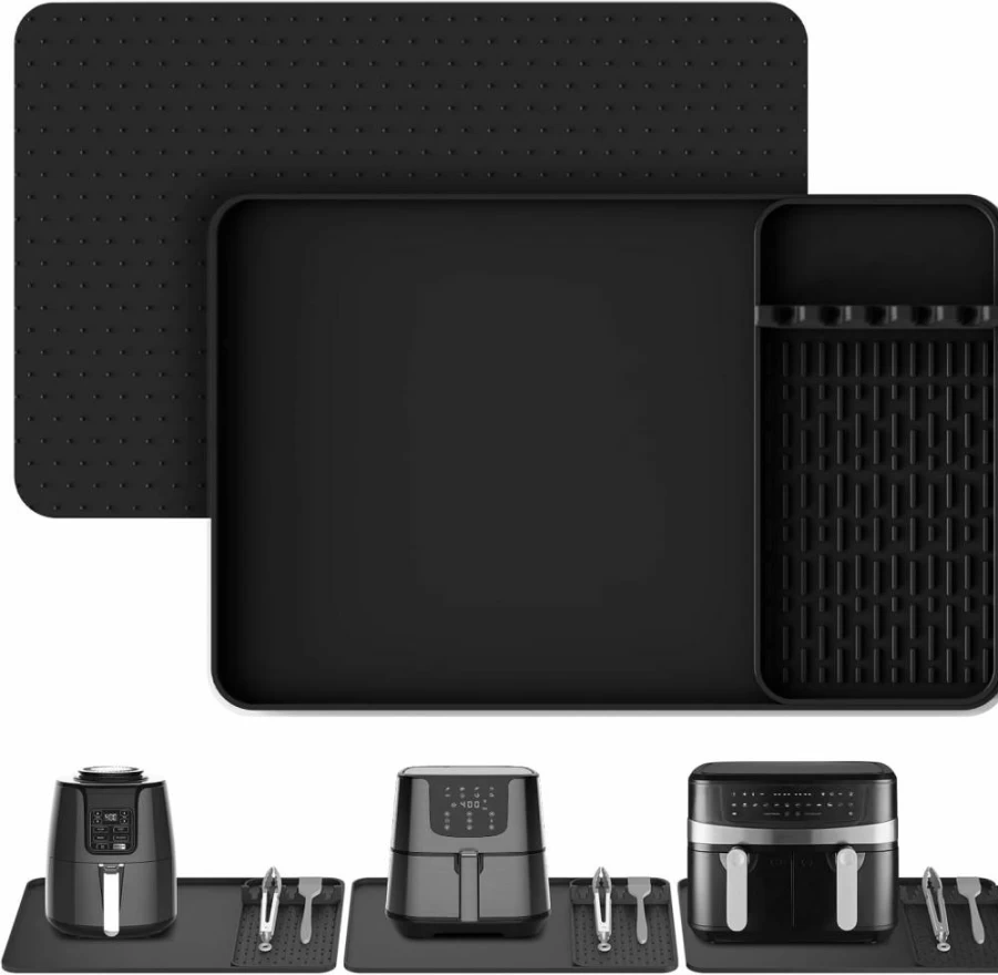 Garolue 24x16 Inch Silicone Heat Resistant Mat for Countertop, Oven & Microwave - Non-Slip Air Fryer Mat with Accessories Holder, Compatible with Ninja, Cosori, Chefman, Toshiba - Kitchen Counter Protector