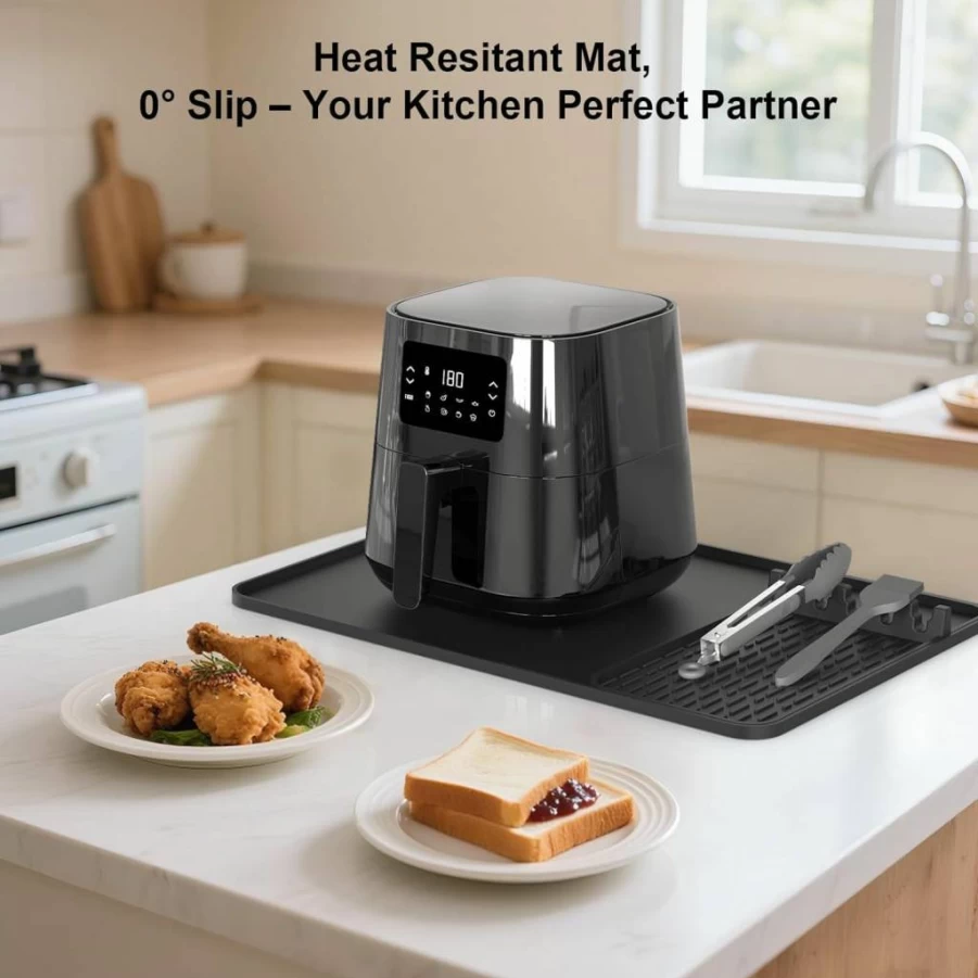 Garolue 24x16 Inch Silicone Heat Resistant Mat for Countertop, Oven & Microwave - Non-Slip Air Fryer Mat with Accessories Holder, Compatible with Ninja, Cosori, Chefman, Toshiba - Kitchen Counter Protector