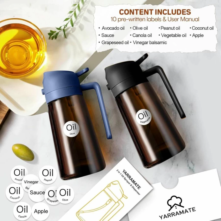 YARRAMATE 16Oz/470mL Dark Amber Glass Oil Sprayer Bottle for Cooking, 2-in-1 Olive Oil Dispenser with Light Blocking Design - Food Grade Kitchen Accessory for Air Fryer, BBQ (Orange)