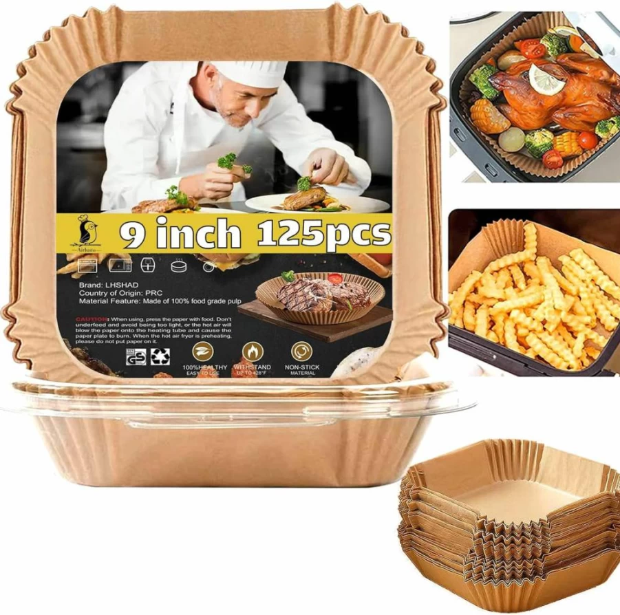 LHSHAD 125-Pack 9x9 Inch Square Air Fryer Liners - Disposable Parchment Paper for 6-10Qt Air Fryers, Baking, Cooking, Roasting & Microwave Safe - Non-Stick & Pre-Cut