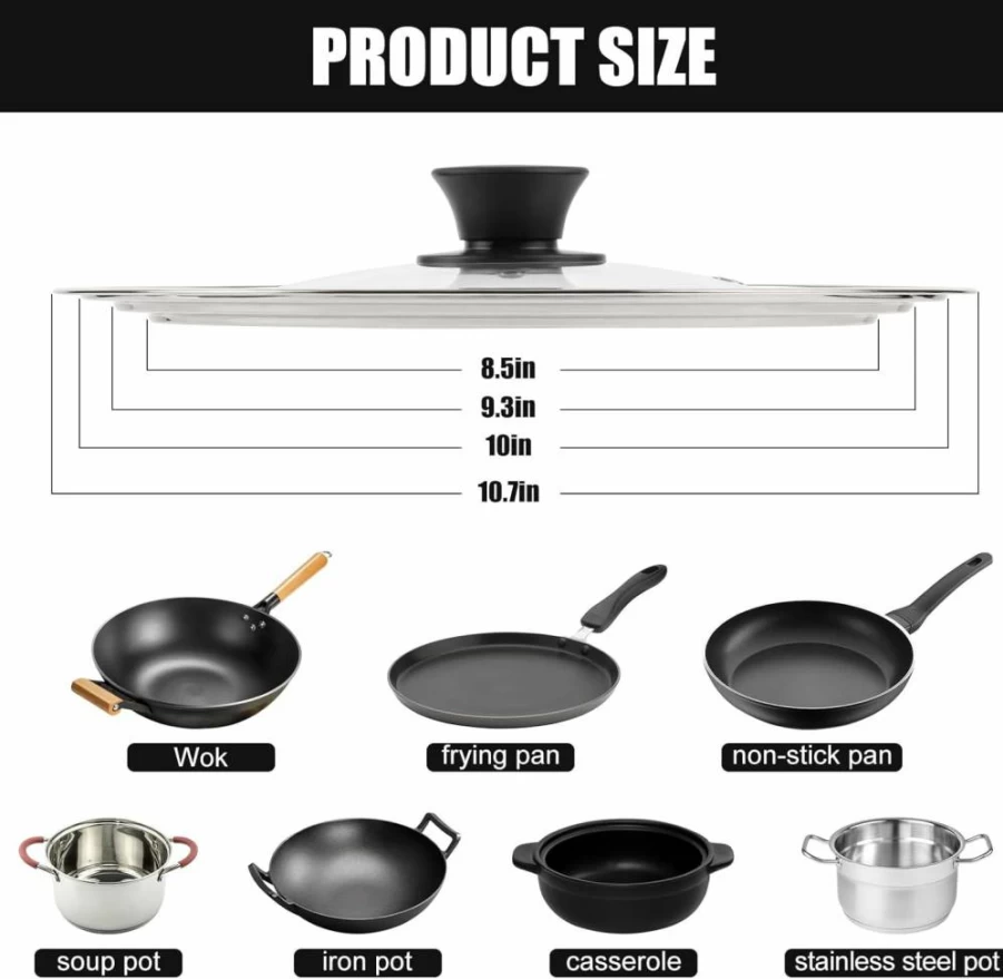 Komokeru Universal Pan Lid - 11, 12, 13 Inch Tempered Glass Top Cover for Pots, Pans & Skillets - Stainless Steel & Cast Iron Compatible with Heat Resistant Handle