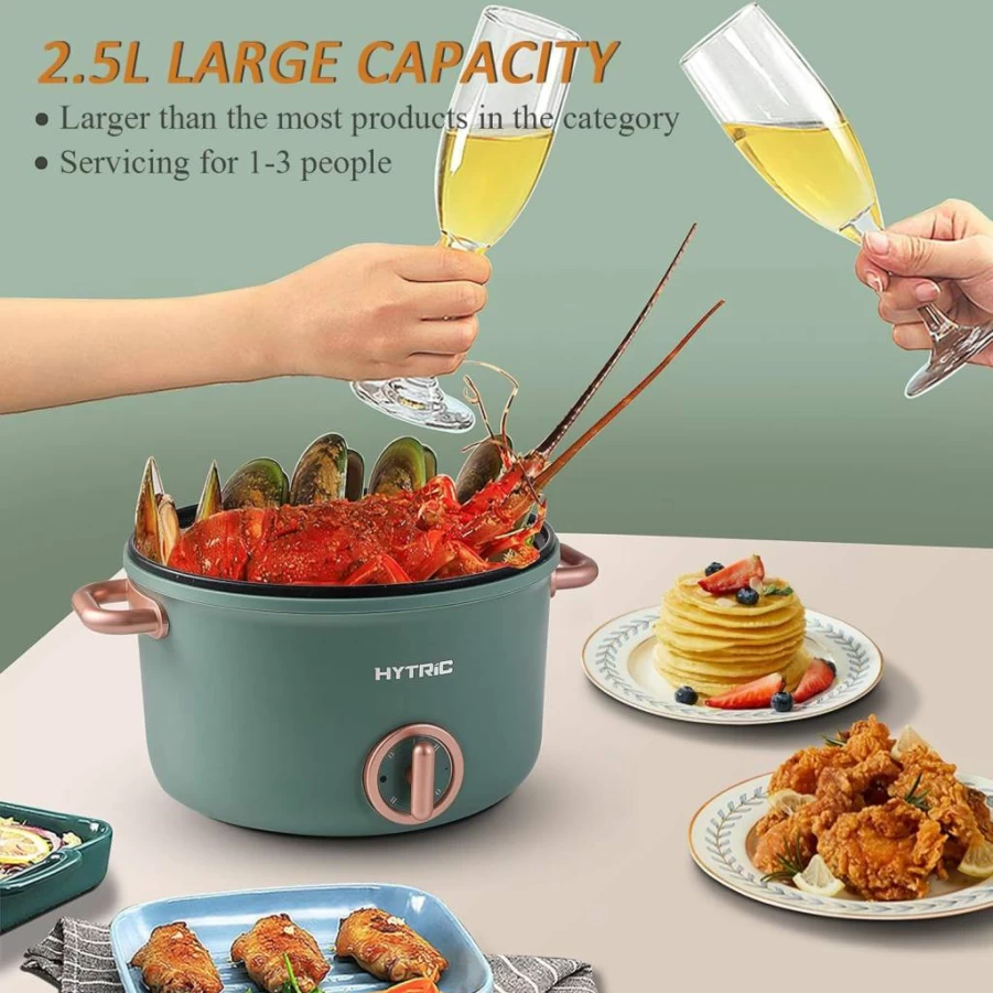 HYTRIC 2.5L Electric Hot Pot Skillet with Nonstick Coating, Dual Power Control for Stir Fry, Steak, Noodles, Ramen - Portable Multi-Cooker for Dorm, Office, Home Use - Green