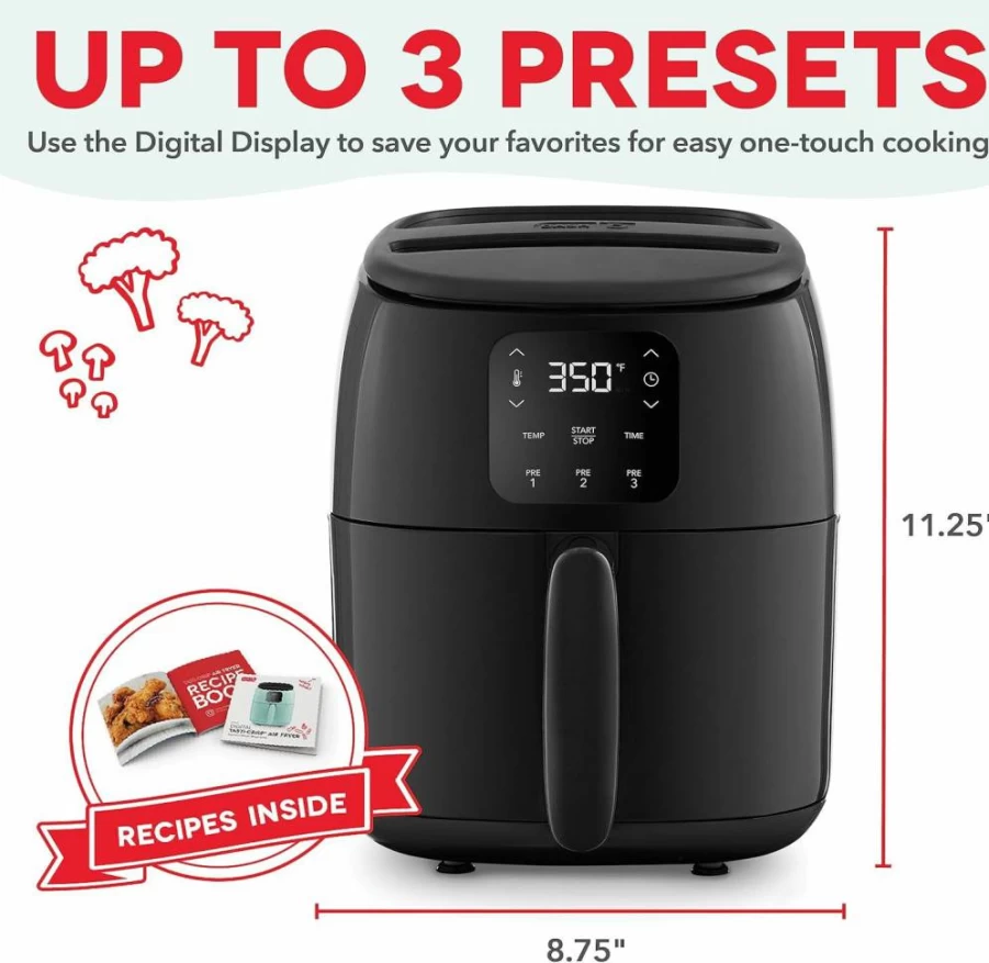 DASH 2.6 Qt Compact Air Fryer Oven - 1000W Digital Electric Fryer with Auto Shut Off, Healthy Cooking for Small Spaces, Black (Tasti-Crisp Series)