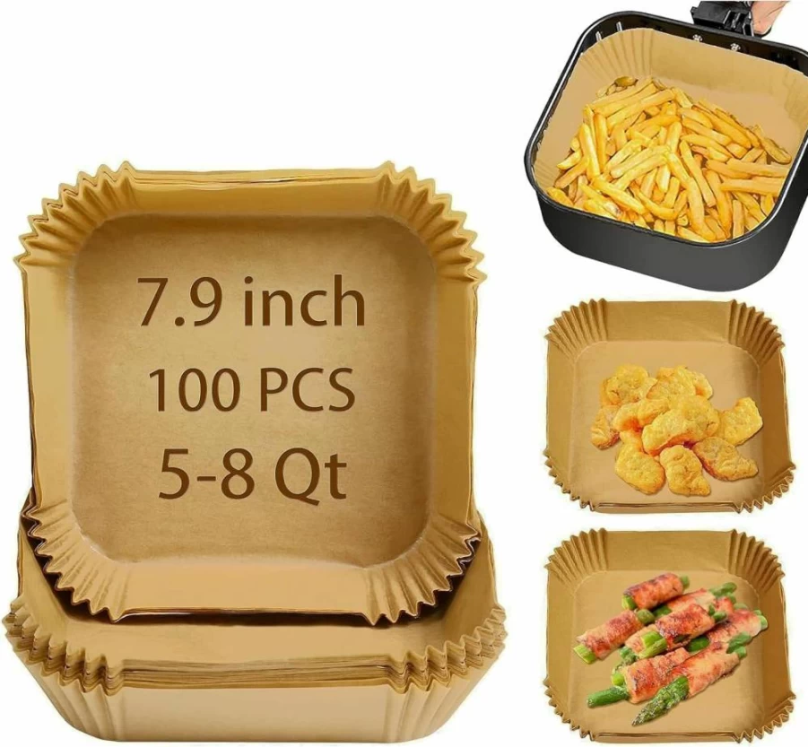 SIUDANGKA 100PCS 7.9 Inch Square Air Fryer Liners, Unbleached Parchment Paper for Cosori 6 Qt & Other Air Fryers, Disposable Baking Sheets, Non-Stick Cooking Paper