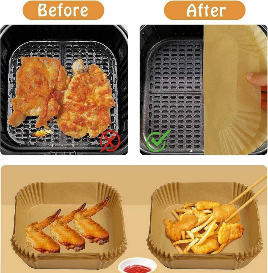SIUDANGKA 100PCS 7.9 Inch Square Air Fryer Liners, Unbleached Parchment Paper for Cosori 6 Qt & Other Air Fryers, Disposable Baking Sheets, Non-Stick Cooking Paper