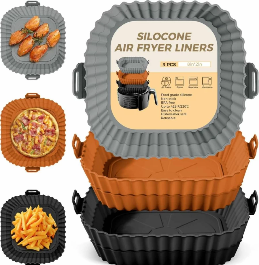 Buauty 3-Pack Reusable 8-Inch Air Fryer Silicone Liners - Food Grade Non-Stick Baking Basket Accessories, Eco-Friendly Replacement for Parchment Paper