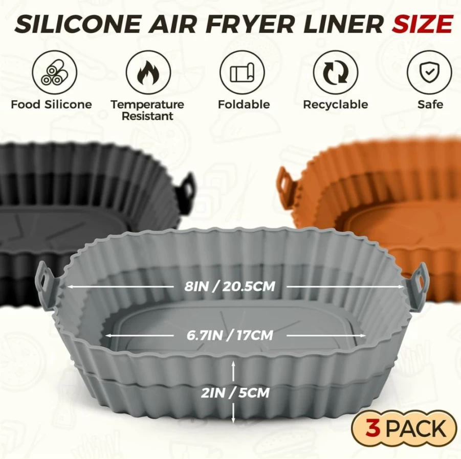 Buauty 3-Pack Reusable 8-Inch Air Fryer Silicone Liners - Food Grade Non-Stick Baking Basket Accessories, Eco-Friendly Replacement for Parchment Paper
