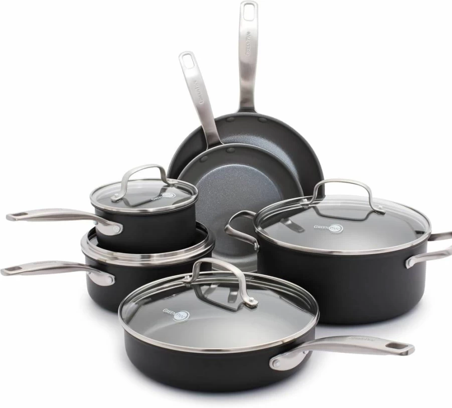GreenPan Chatham 10-Piece Nonstick Cookware Set - PFAS & PFOA-Free Ceramic Coating, Oven & Dishwasher Safe, Gray Pots & Pans with Lids