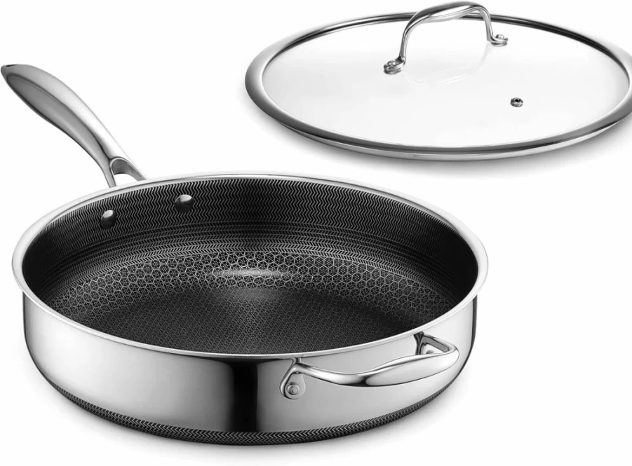 HexClad Hybrid Nonstick 5.5-Quart Deep Saute Pan with Glass Lid, Stay-Cool Handle, Dishwasher & Oven Safe (Up to 900°F), Induction Compatible for All Cooktops