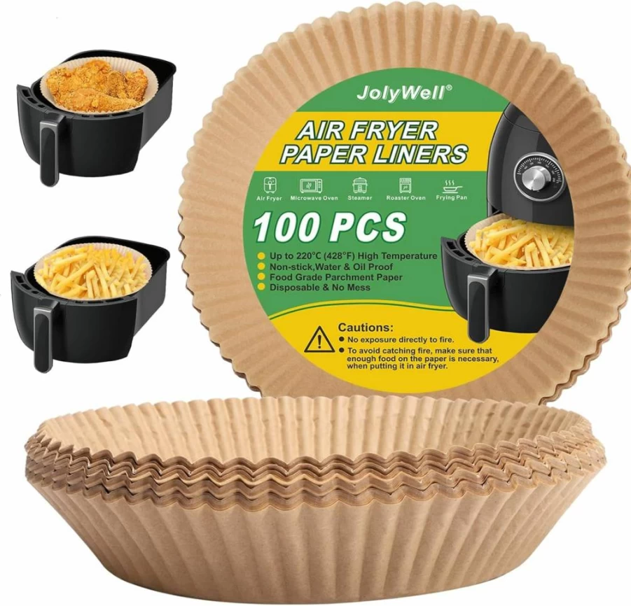 JolyWell Unbleached Air Fryer Paper Liners, 100Pcs 6.3" Biodegradable Parchment Sheets for Non-Stick Frying, Baking, Roasting & Grilling