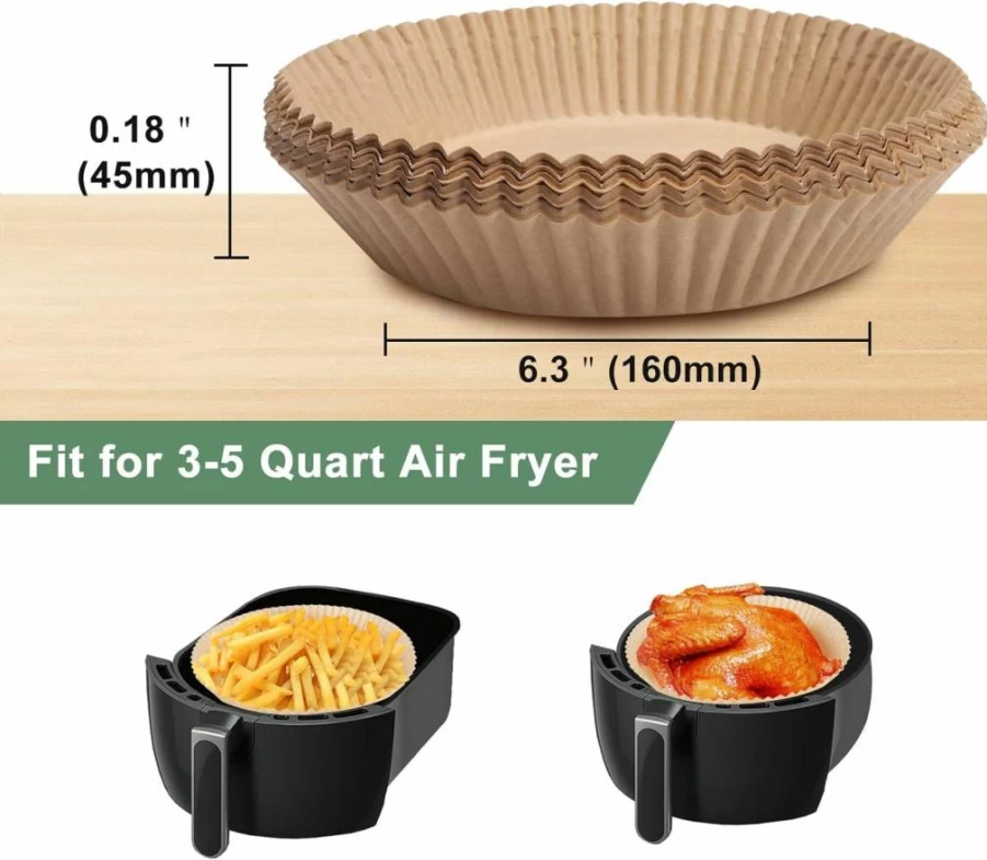 JolyWell Unbleached Air Fryer Paper Liners, 100Pcs 6.3" Biodegradable Parchment Sheets for Non-Stick Frying, Baking, Roasting & Grilling
