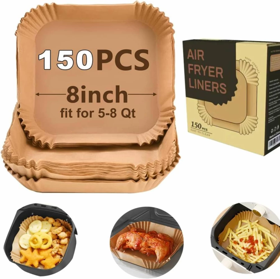 UMETRE 150Pcs 8-Inch Square Air Fryer Liners, Non-Stick Disposable Parchment Paper Sheets, Bleach-Free & Pre-Cut for Air Fryer Basket
