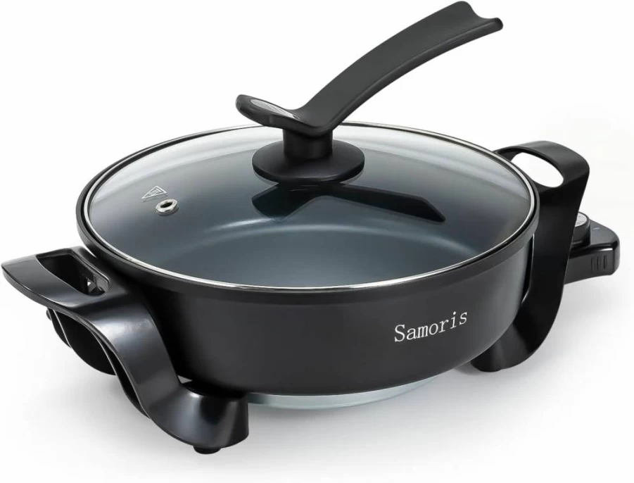 Samoris 3 Quart Electric Skillet with Nonstick Coating, 10-Inch Round Hot Pot & Frying Pan, 1200W Adjustable Temperature, Tempered Glass Lid with Vent, Black