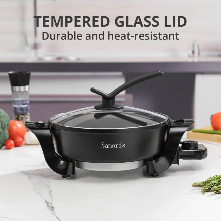 Samoris 3 Quart Electric Skillet with Nonstick Coating, 10-Inch Round Hot Pot & Frying Pan, 1200W Adjustable Temperature, Tempered Glass Lid with Vent, Black