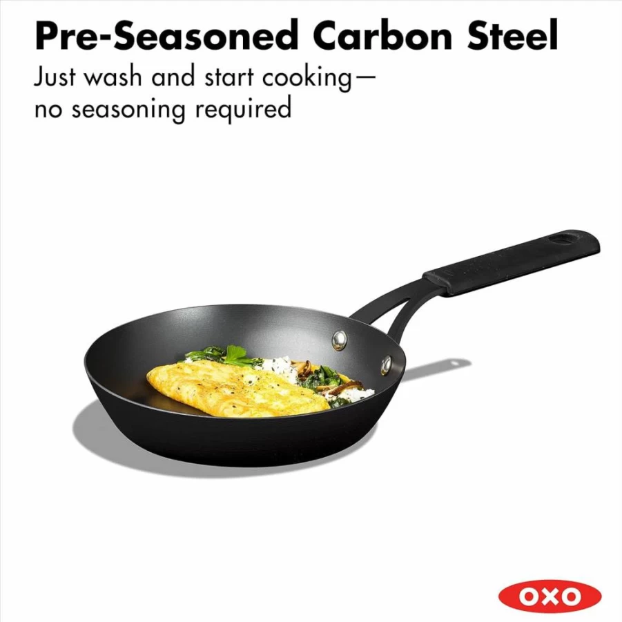 OXO 10-Inch Pre-Seasoned Carbon Steel Skillet - Induction & Oven Safe Frying Pan with Removable Silicone Handle Holder, Black