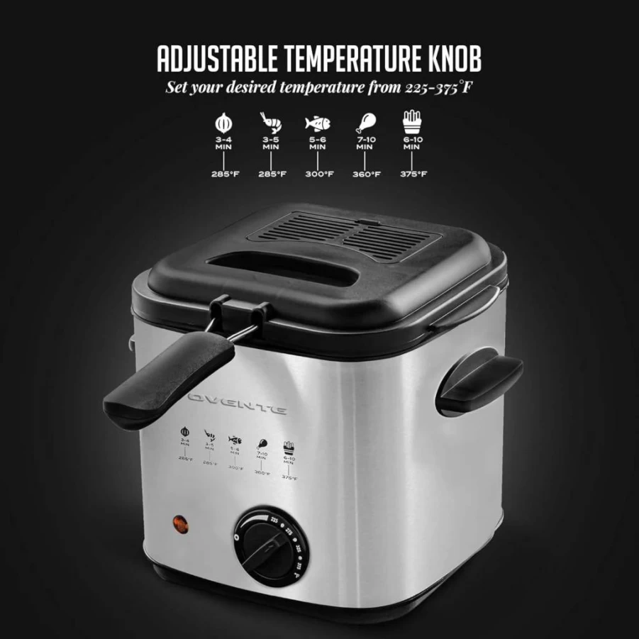 OVENTE 1.5L Stainless Steel Electric Deep Fryer with Adjustable Temp, Viewing Window, Removable Basket & Cool-Touch Handle, 800W, Easy Clean (FDM1501BR) - Silver