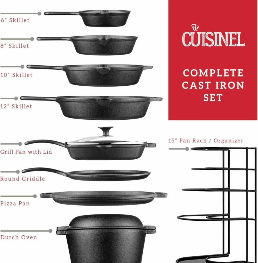 Cuisinel Cast Iron Skillet Set - 8", 10", 12" Pre-Seasoned Frying Pans with Silicone Handle Covers - Oven, Grill, Stove, Induction Compatible - Indoor & Outdoor Cookware for Kitchen & Camping