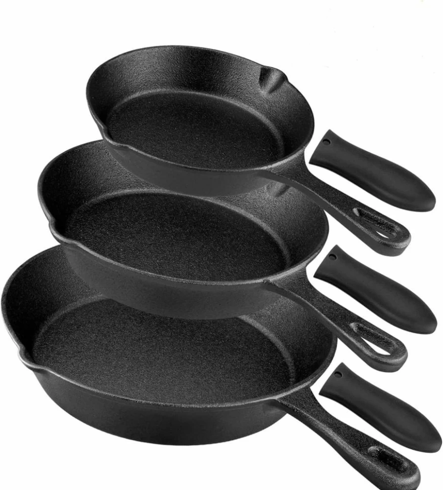 Rincentd Pre-Seasoned Cast Iron Skillet Set - 3-Piece (6, 8, 10 Inch) Oven Safe Frying Pans with Heat-Resistant Handles for Cooking, Sauteing & Baking