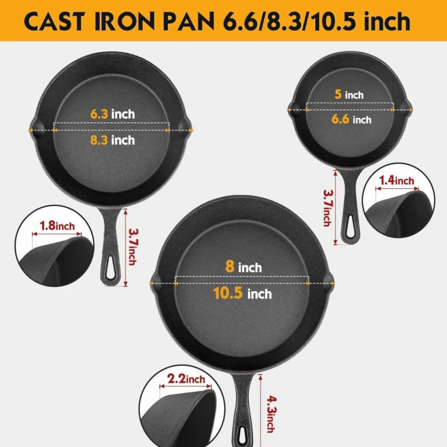 Rincentd Pre-Seasoned Cast Iron Skillet Set - 3-Piece (6, 8, 10 Inch) Oven Safe Frying Pans with Heat-Resistant Handles for Cooking, Sauteing & Baking