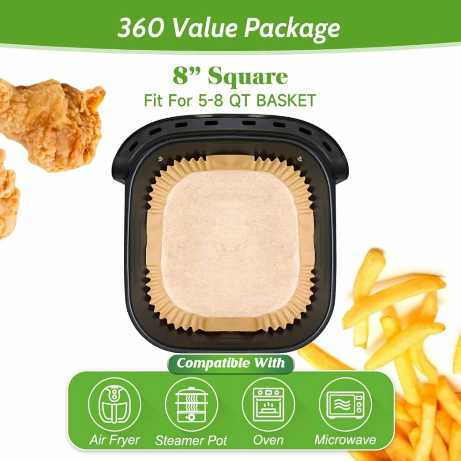 Tripho 360-Pack 6.5 Inch Square Unbleached Parchment Paper Liners for Air Fryer Basket, Non-Stick & Leak-Proof Disposable Air Fryer Accessories