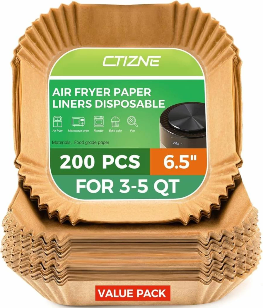 Ctizne 125Pcs 8-Inch Square Air Fryer Paper Liners - Non-Stick Parchment Basket Liners for Airfryer, Steamer, Microwave & Deep Fryer Accessories
