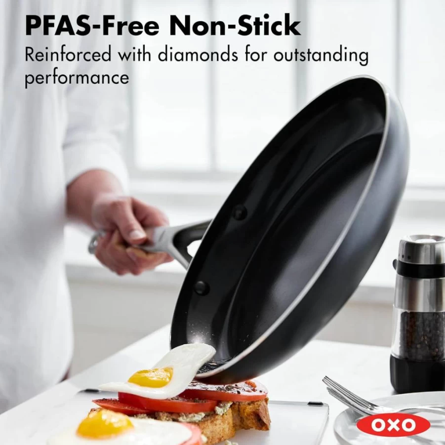OXO Good Grips 12-Inch Nonstick Fry Pan with Stainless Steel Handle & Silicone Grip, 3-Layer German Coating, Black Skillet
