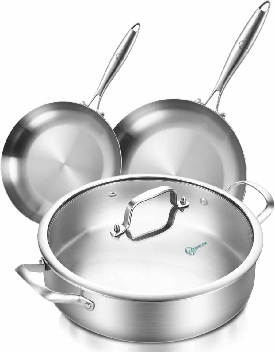 LOLYKITCH 10-Inch Tri-Ply Stainless Steel Frying Pan with Lid, Induction Compatible Skillet, Oven & Dishwasher Safe Cookware, Chef's Cooking Pan